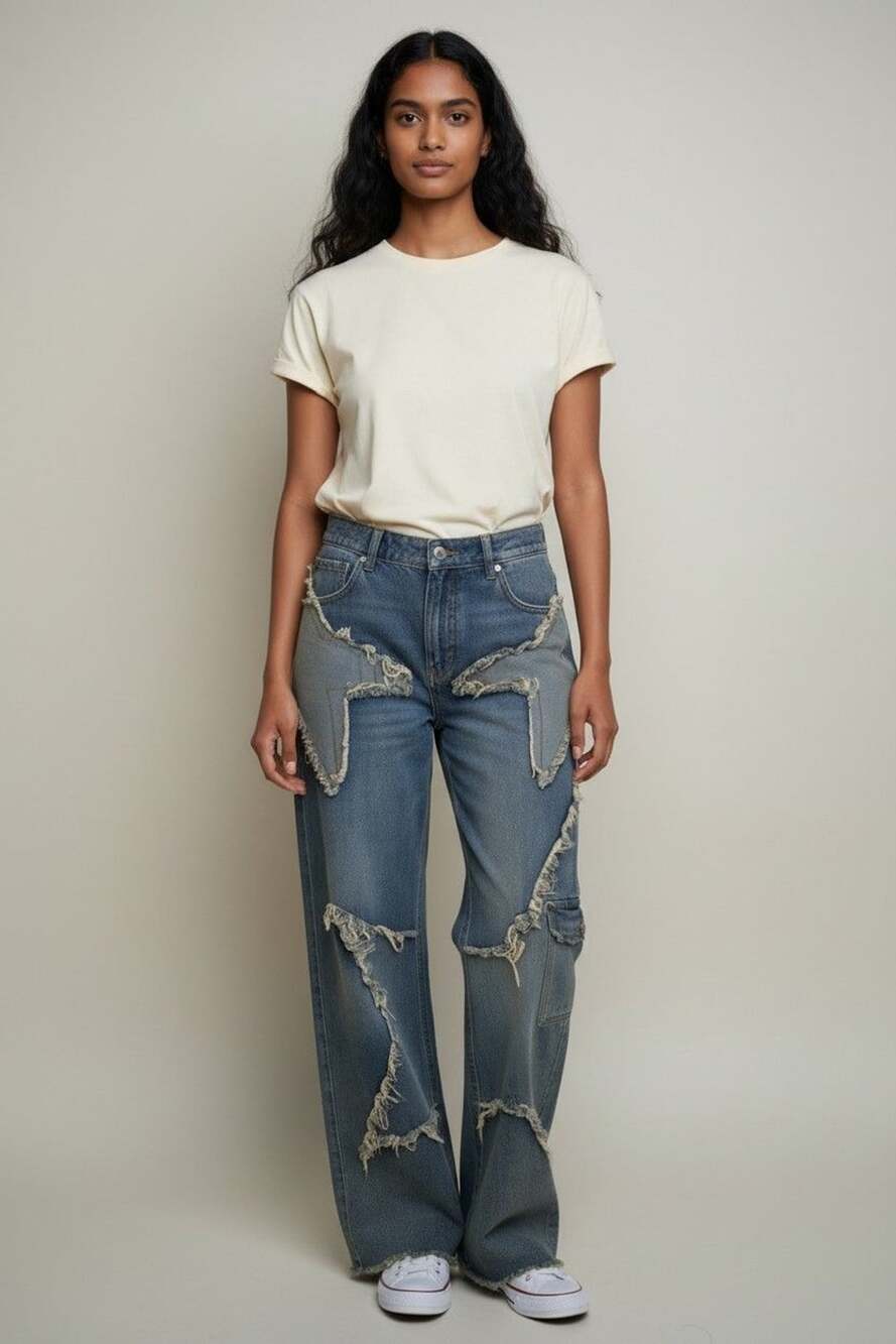 Romwe Two-Toned Star Applique Wide-Leg Distressed Jeans